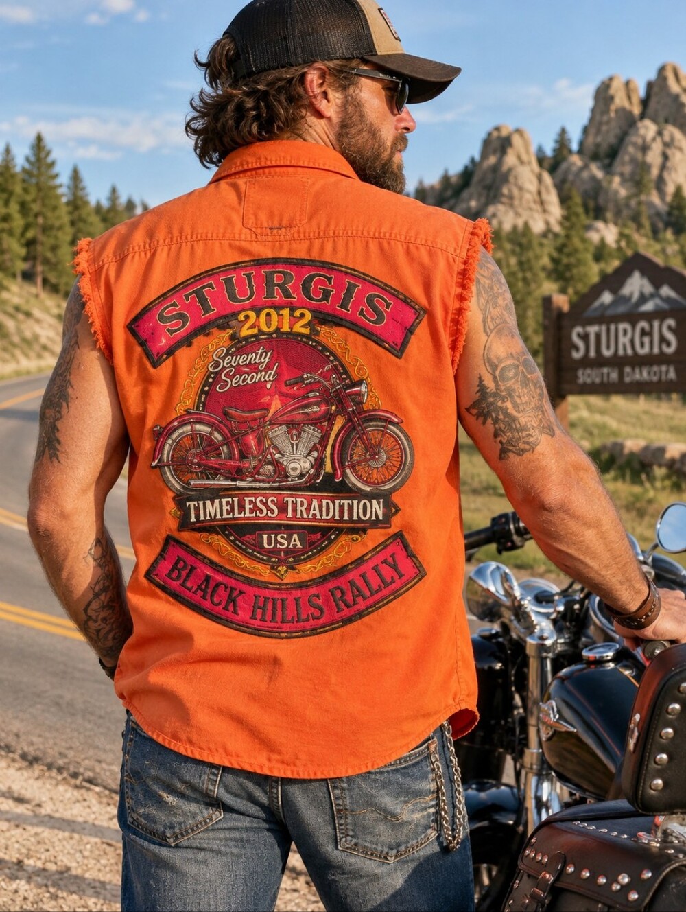 BIKER WEAR Sturgis 2012 Shirt Mens XL Orange Sleeveless Biker Rally Motorcycle